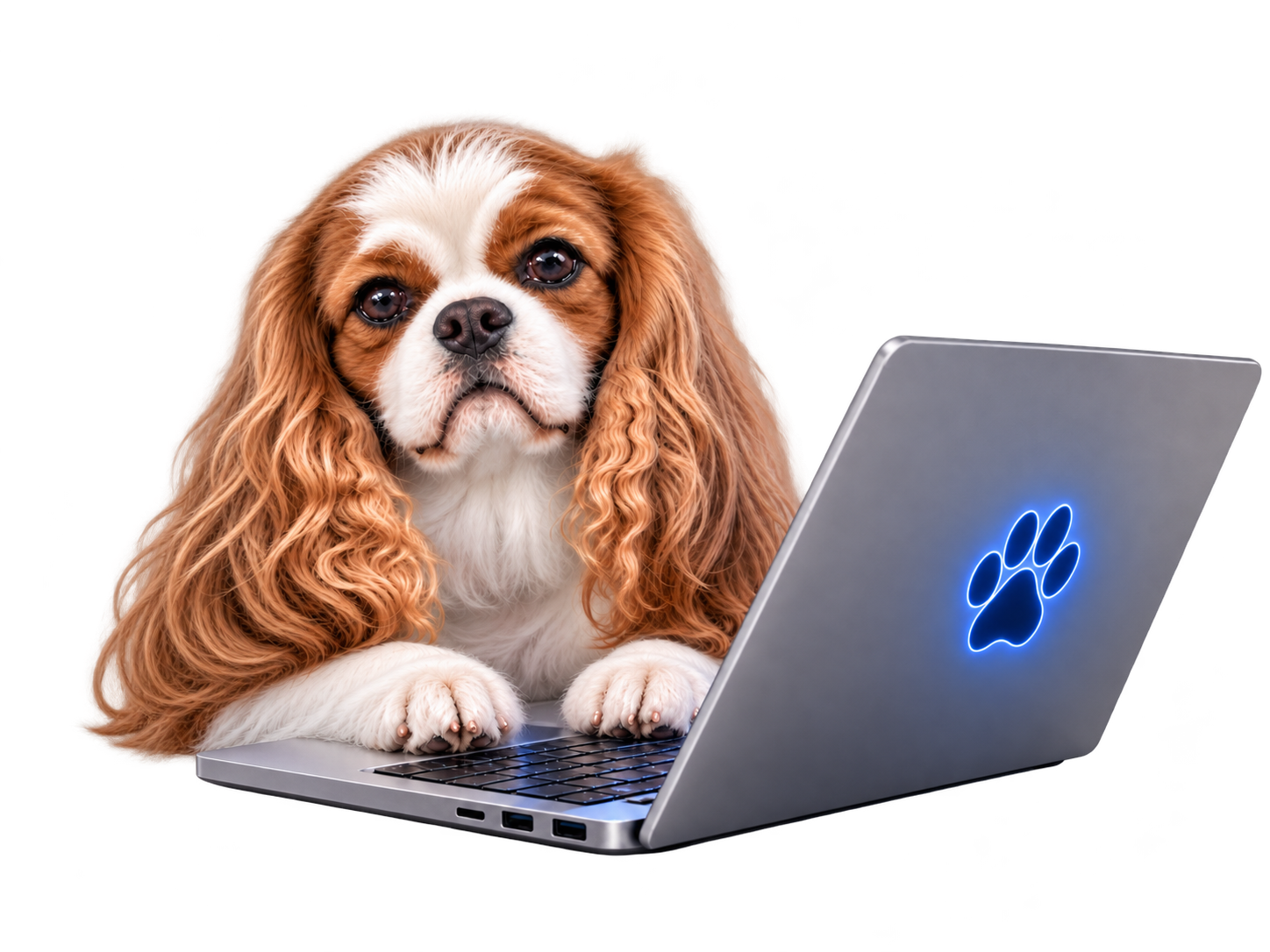 Daisy sitting at a laptop with a glowing paw print on the lid