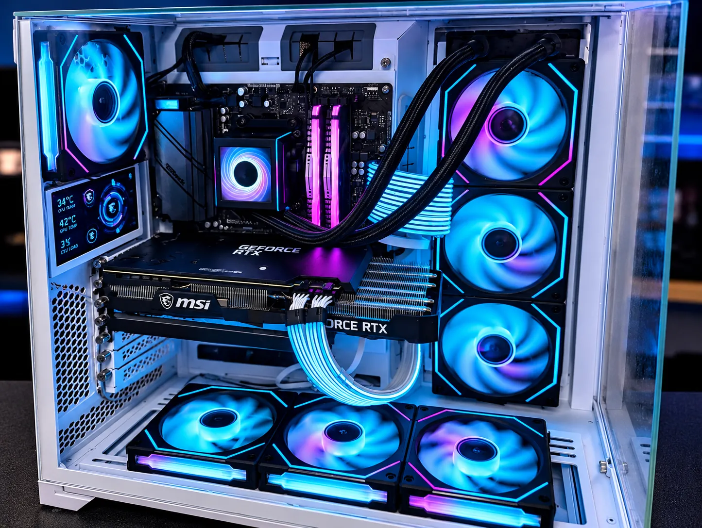 Custom white gaming PC with cyan and purple lighting